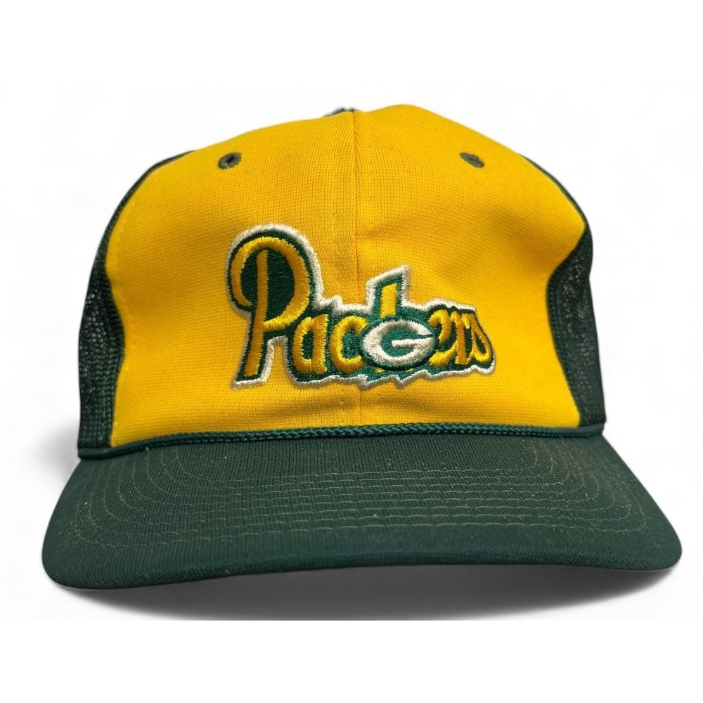Vintage 80s Green Bay Packers Mesh Trucker Hat Yellow Green Snapback Youngan NFL